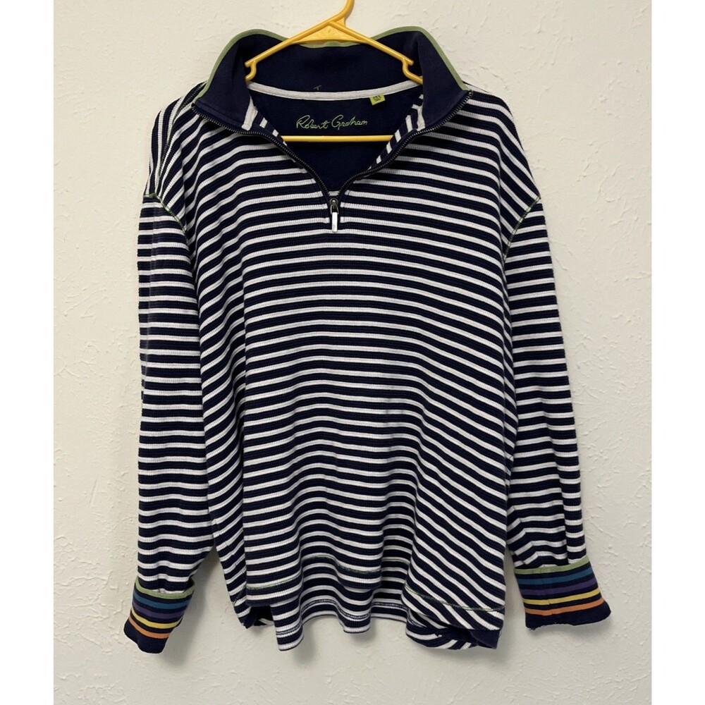 ROBERT GRAHAM Men's 1/4 Zip Long Sleeve Pullover Thermal Sweater Navy/White 2XL